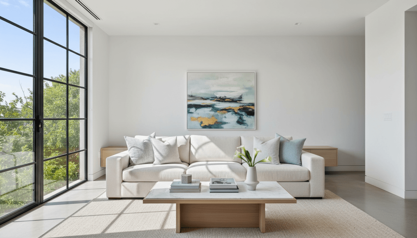 Bright clean modern living room with fresh sofa and natural light