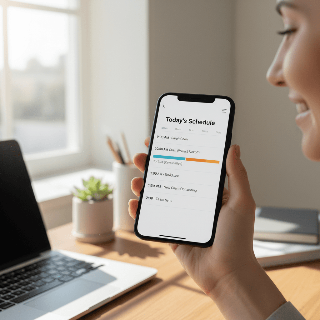 Hand holding a smartphone while scheduling a home cleaning appointment